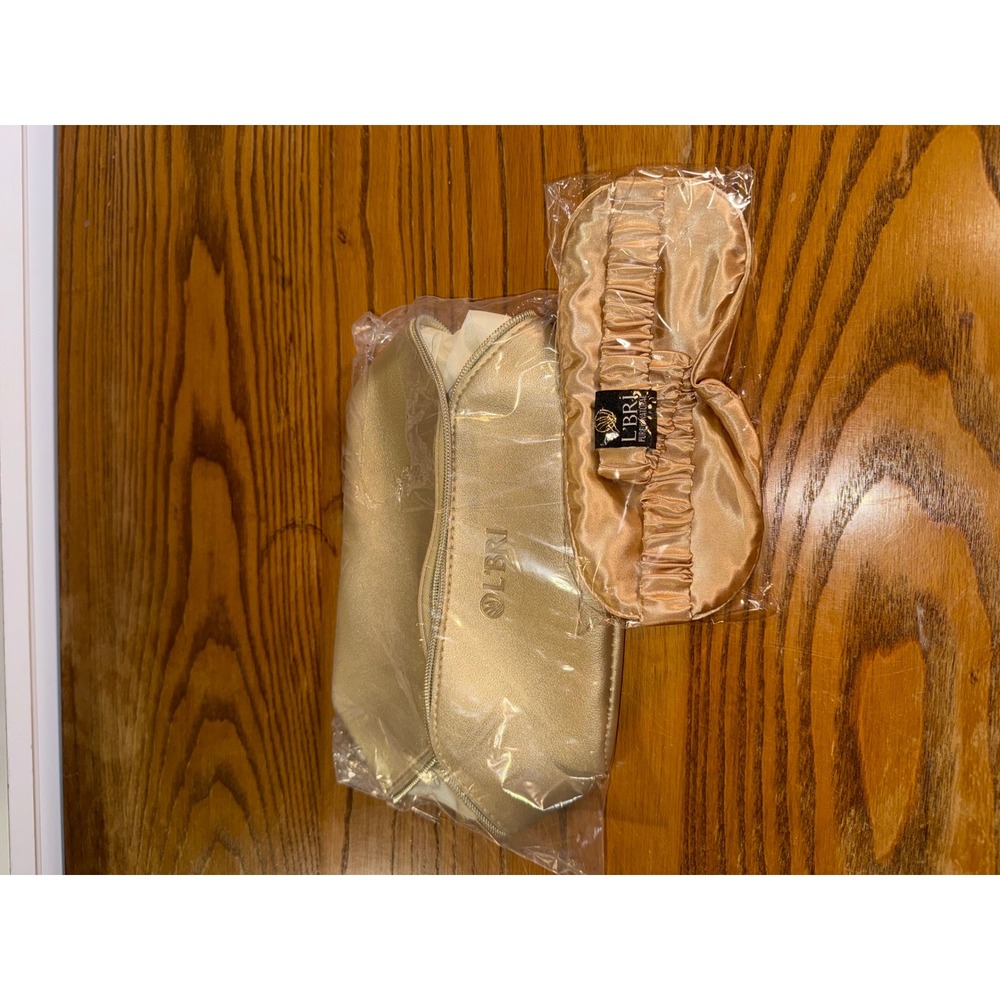 LBRI Gold Satin Travel Pouch Cosmetic Bag and Sleep Mask Set